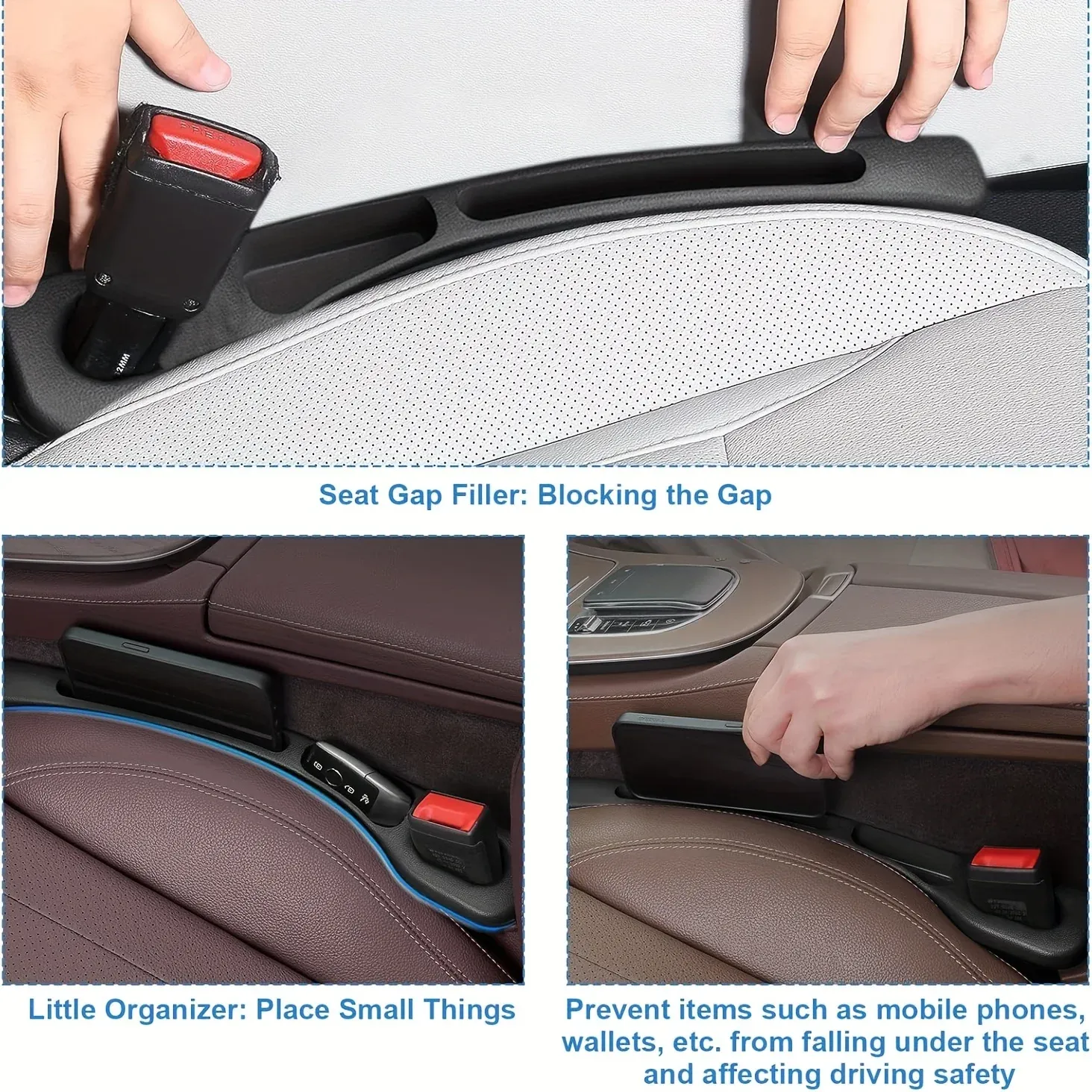 Organisateur de remplissage d'espace de siège auto, lot de 2, bande bouche-interstice étanche en PU avec 2 rainures, rangement pour espace de siège, accessoire d'intérieur automobile 2