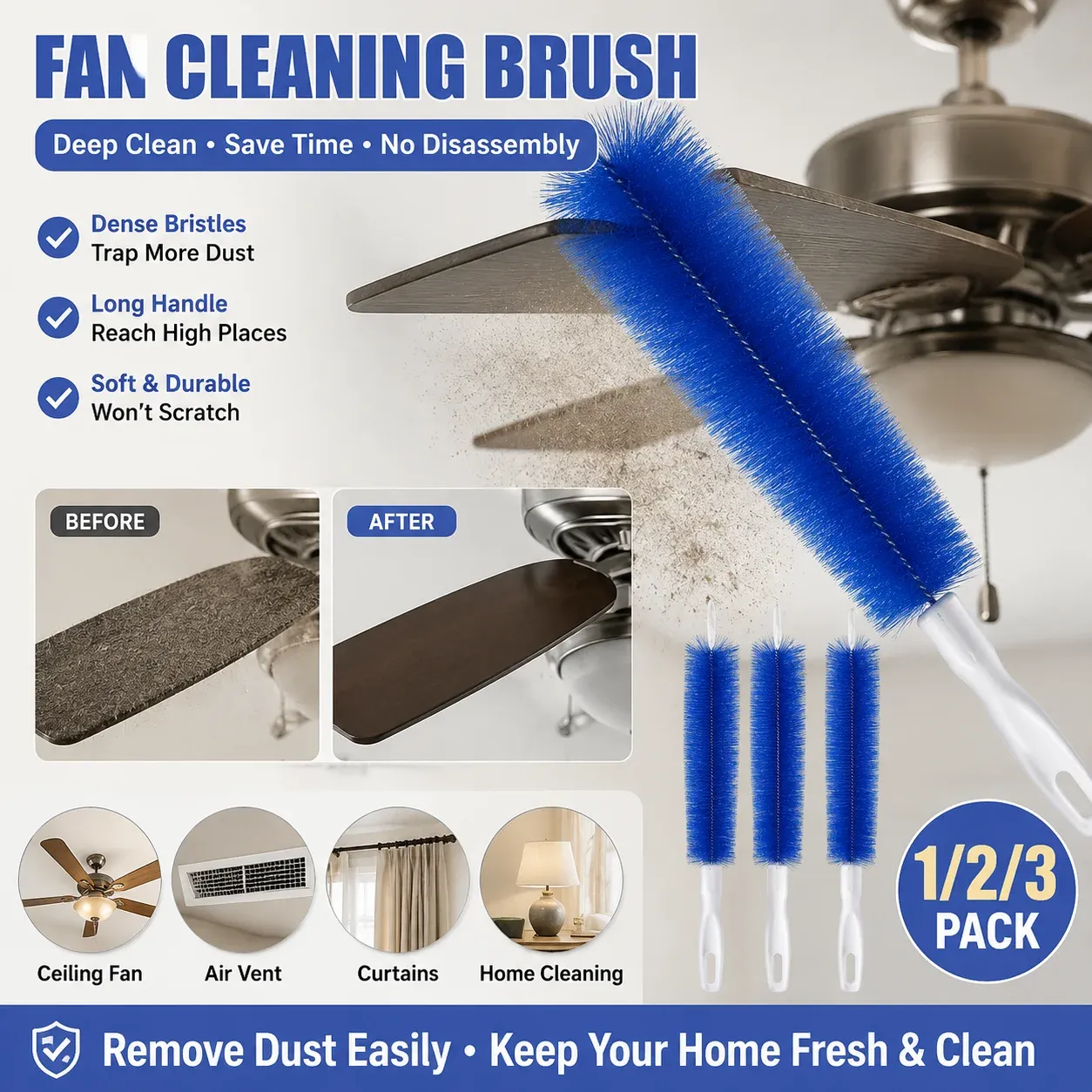Brosse de nettoyage pour ventilateur de plafond à long manche et poils doux, pour grilles d'aération et meubles