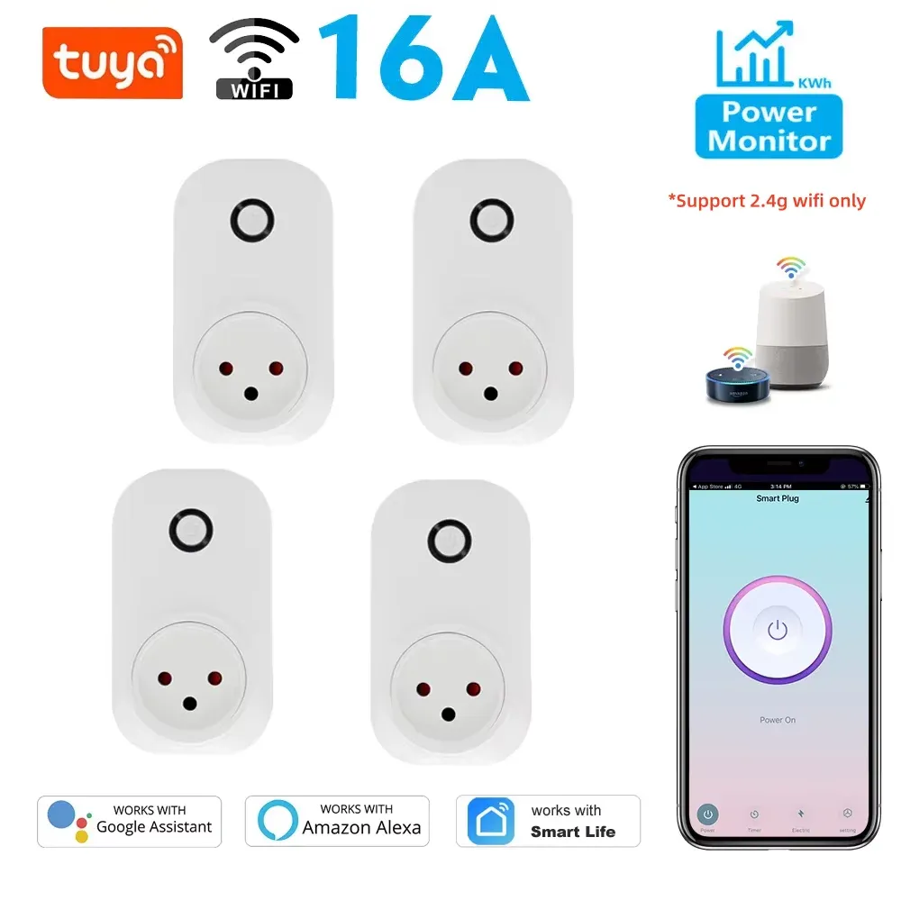 Prise intelligente Wi-Fi Tuya 16 A, prise israélienne avec suivi de consommation, compatible Smart Life, Alexa et Google Assistant