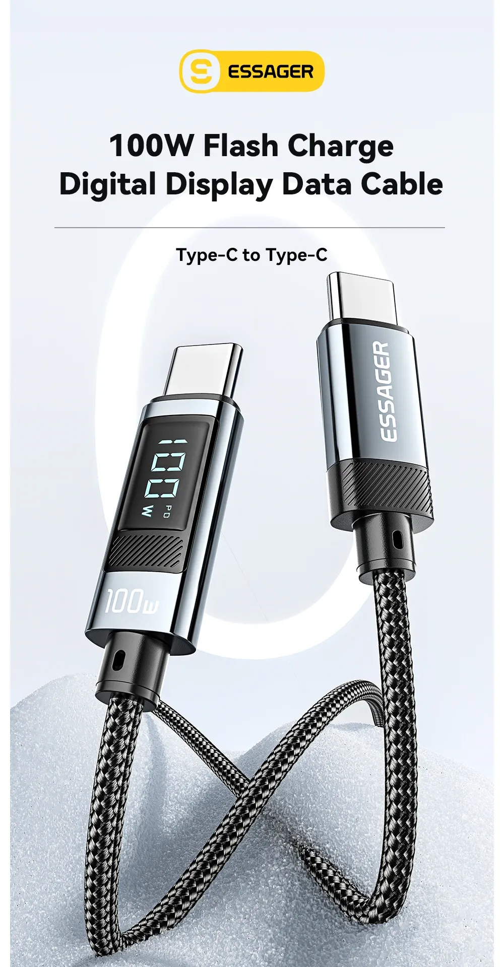 Câble Essager USB-C vers USB-C, vue d'ensemble