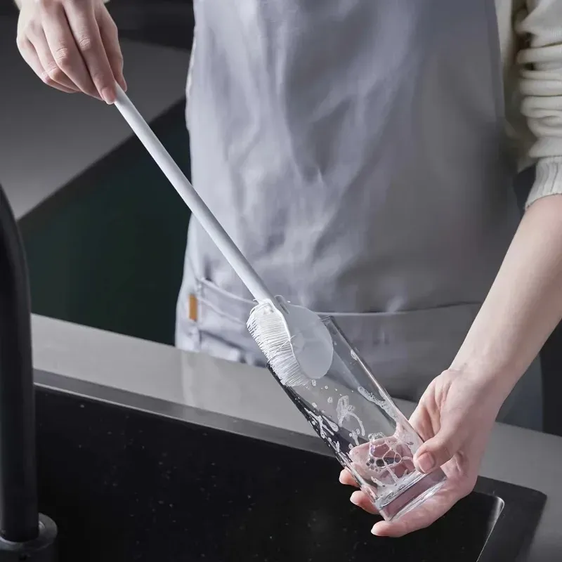 Brosse de nettoyage en silicone pliable à 360 degrés, à manche long, réutilisable, pour bouteilles et tasses