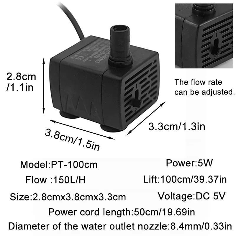 Pompe de filtration USB silencieuse pour aquarium, mini fontaine pour animaux de compagnie, pompe de circulation d'eau submersible à débit réglable 5 V 5 W 8