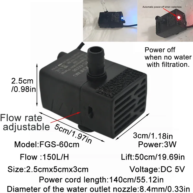 Pompe de filtration USB silencieuse pour aquarium, mini fontaine pour animaux de compagnie, pompe de circulation d'eau submersible à débit réglable 5 V 5 W 9