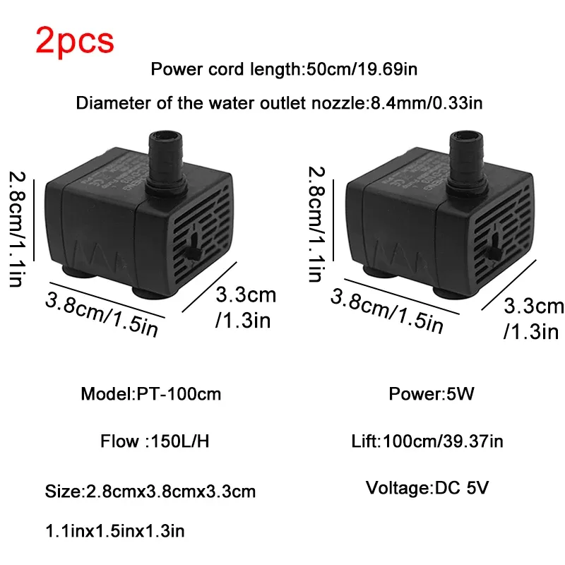 Pompe de filtration USB silencieuse pour aquarium, mini fontaine pour animaux de compagnie, pompe de circulation d'eau submersible à débit réglable 5 V 5 W 7