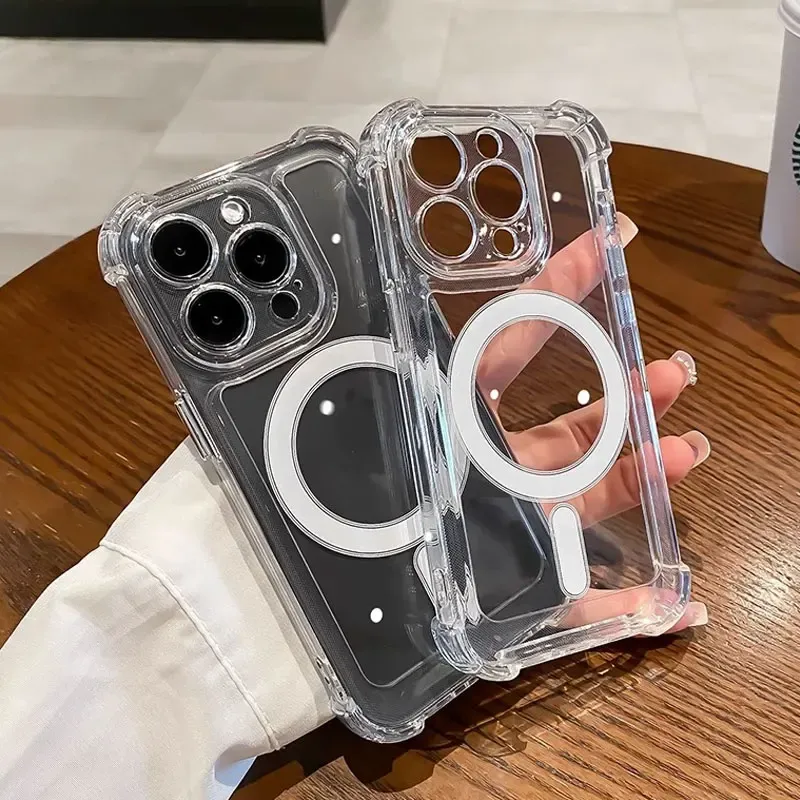 Coque de luxe à charge magnétique sans fil pour iPhone 11 à 18 Pro Max, transparente et antichoc, avec pare-chocs 3