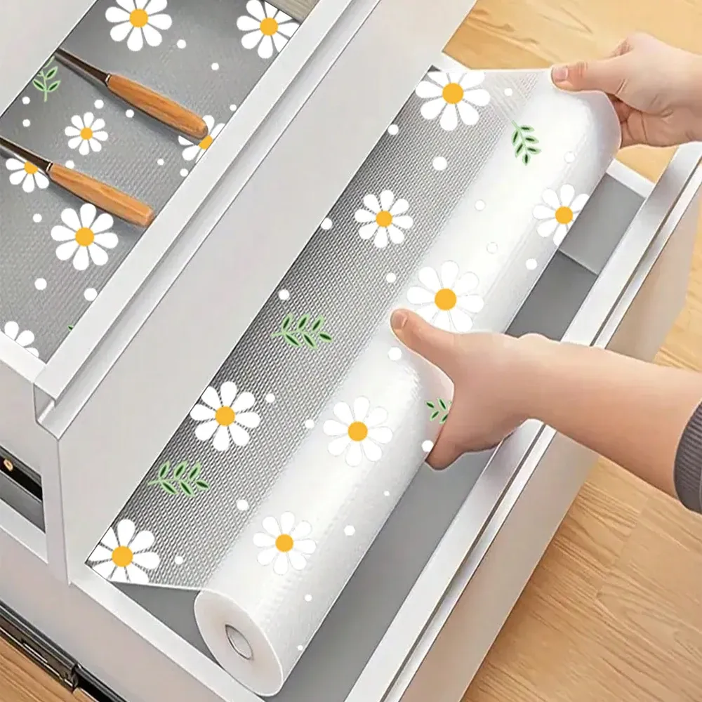Tapis de tiroir et d'étagère de cuisine à motif marguerite, réutilisable, imperméable et résistant à l'humidité