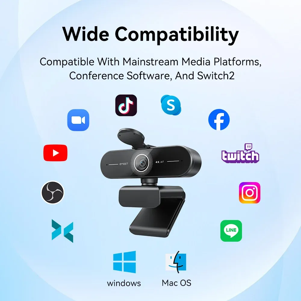 Webcam EMEET 4K/1080P pour PC, caméra vidéo à mise au point automatique PDAF avec double caméra et microphones intégrés, compatible Zoom et téléphones 6