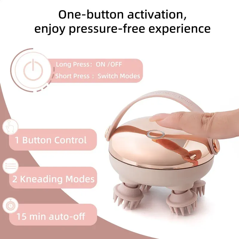 Masseur électrique pour cuir chevelu étanche, rechargeable, masseur de tête portable avec 4 griffes de massage pour le soulagement du stress, la relaxation du corps, du cou, du dos et des animaux de compagnie