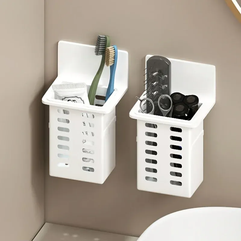 Support mural sans perçage pour brosses à dents avec boîte de rangement pour dentifrice, lot de 1 ou 2 pièces 8