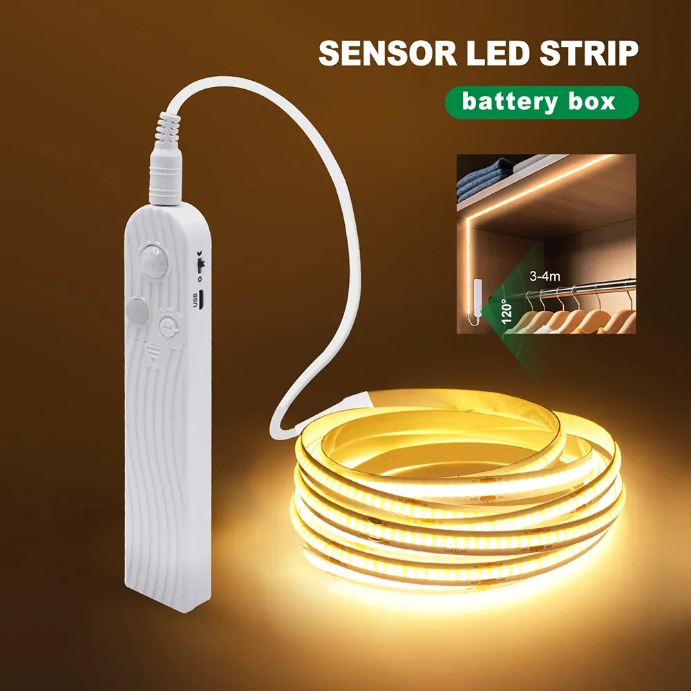 Bande LED COB flexible avec capteur de mouvement, 5 V, alimentation USB, largeur 3 mm, 5 mm ou 8 mm, circuit imprimé, 320 LED, pour sous-meuble, cuisine et escaliers