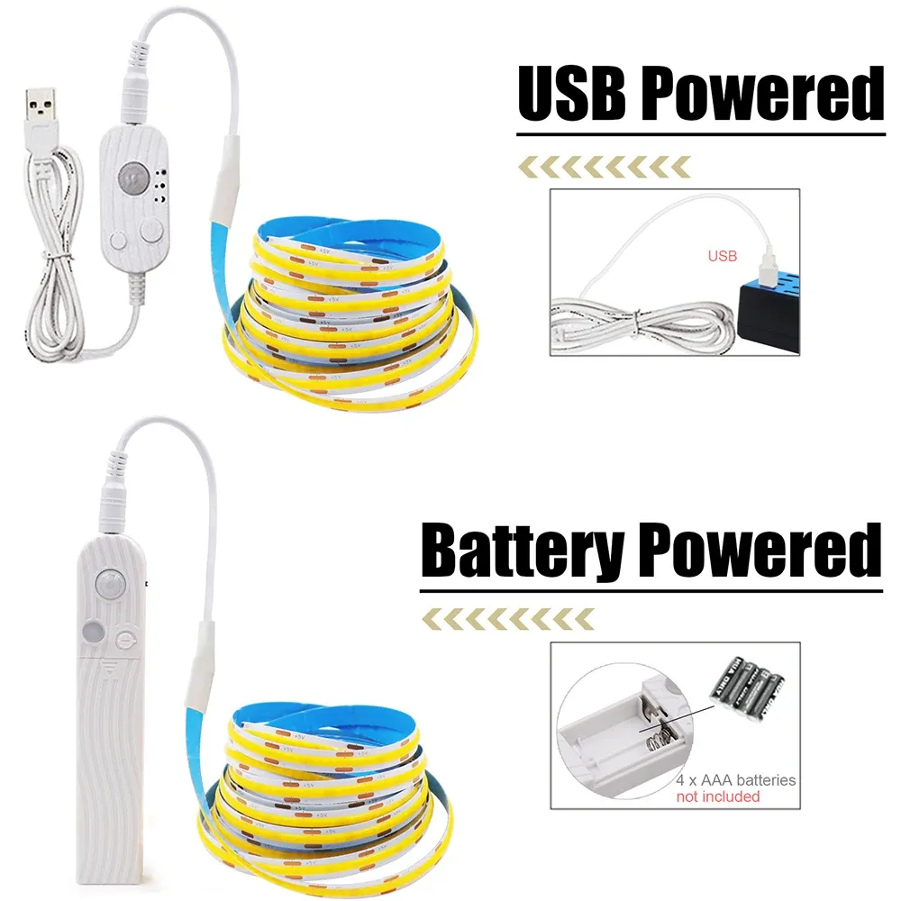 Bande LED COB flexible avec capteur de mouvement, 5 V, alimentation USB, largeur 3 mm, 5 mm ou 8 mm, circuit imprimé, 320 LED, pour sous-meuble, cuisine et escaliers 2