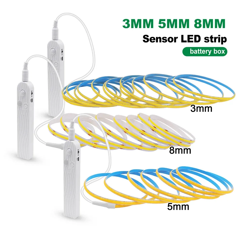 Bande LED COB flexible avec capteur de mouvement, 5 V, alimentation USB, largeur 3 mm, 5 mm ou 8 mm, circuit imprimé, 320 LED, pour sous-meuble, cuisine et escaliers 3
