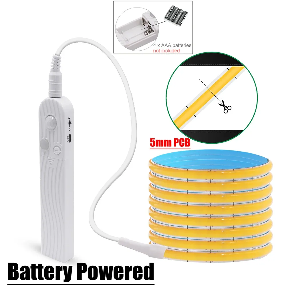 Bande LED COB flexible avec capteur de mouvement, 5 V, alimentation USB, largeur 3 mm, 5 mm ou 8 mm, circuit imprimé, 320 LED, pour sous-meuble, cuisine et escaliers 11