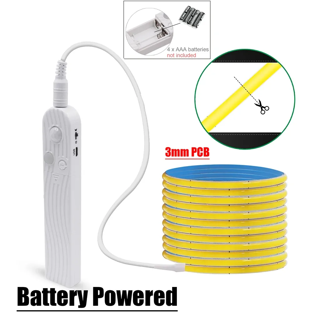 Bande LED COB flexible avec capteur de mouvement, 5 V, alimentation USB, largeur 3 mm, 5 mm ou 8 mm, circuit imprimé, 320 LED, pour sous-meuble, cuisine et escaliers 12