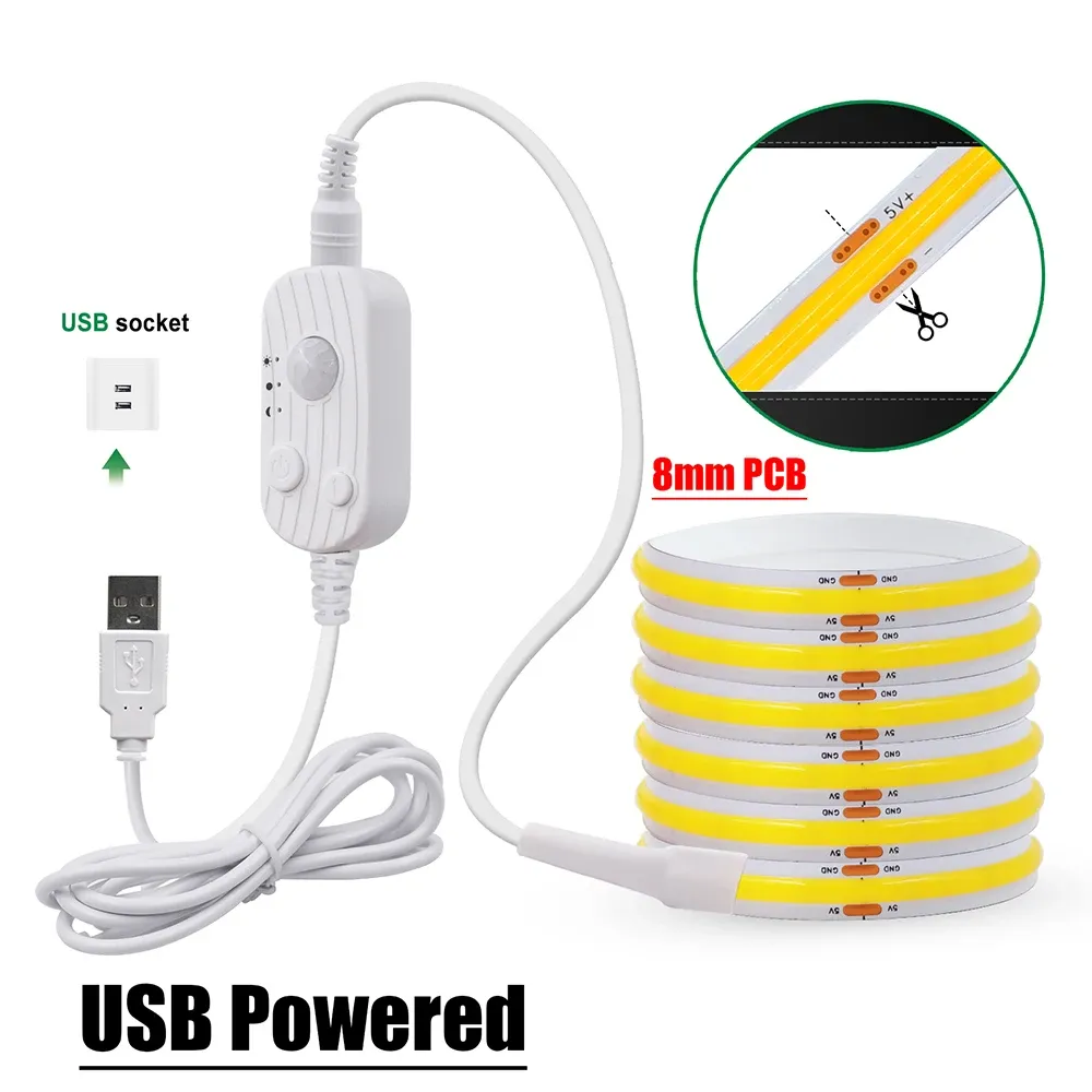 Bande LED COB flexible avec capteur de mouvement, 5 V, alimentation USB, largeur 3 mm, 5 mm ou 8 mm, circuit imprimé, 320 LED, pour sous-meuble, cuisine et escaliers 8