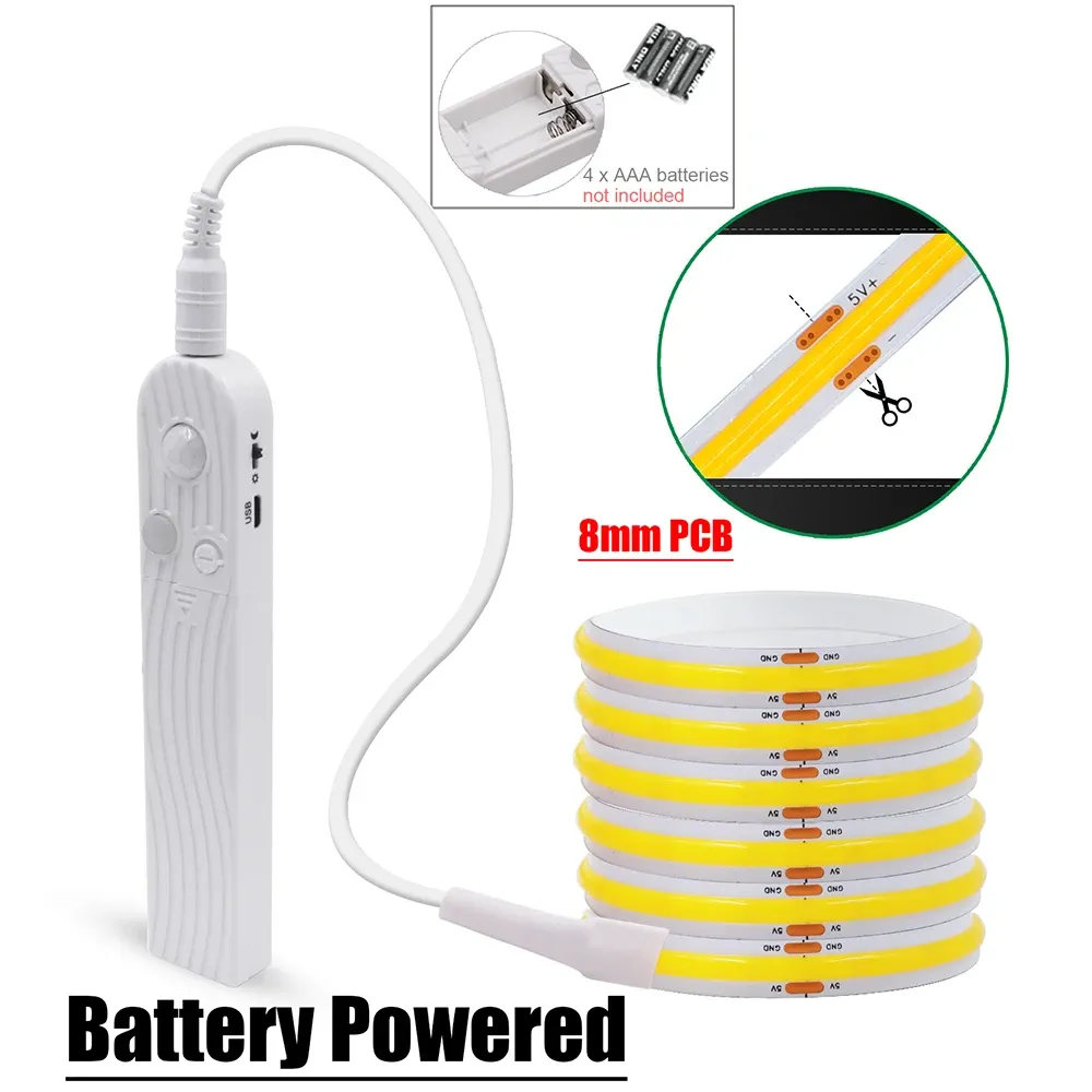 Bande LED COB flexible avec capteur de mouvement, 5 V, alimentation USB, largeur 3 mm, 5 mm ou 8 mm, circuit imprimé, 320 LED, pour sous-meuble, cuisine et escaliers 7