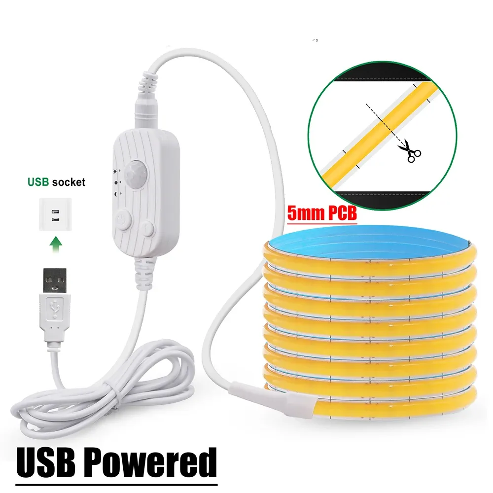 Bande LED COB flexible avec capteur de mouvement, 5 V, alimentation USB, largeur 3 mm, 5 mm ou 8 mm, circuit imprimé, 320 LED, pour sous-meuble, cuisine et escaliers 9