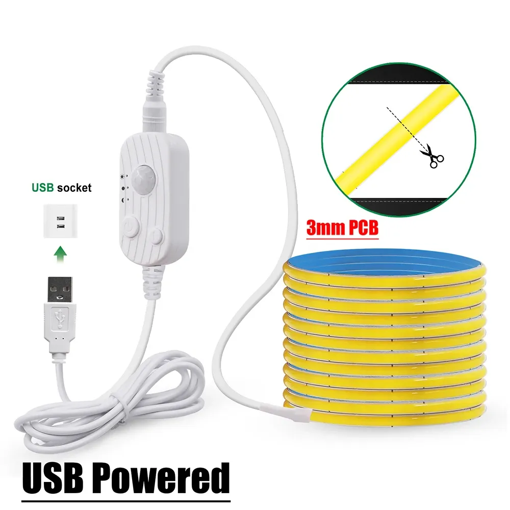 Bande LED COB flexible avec capteur de mouvement, 5 V, alimentation USB, largeur 3 mm, 5 mm ou 8 mm, circuit imprimé, 320 LED, pour sous-meuble, cuisine et escaliers 10