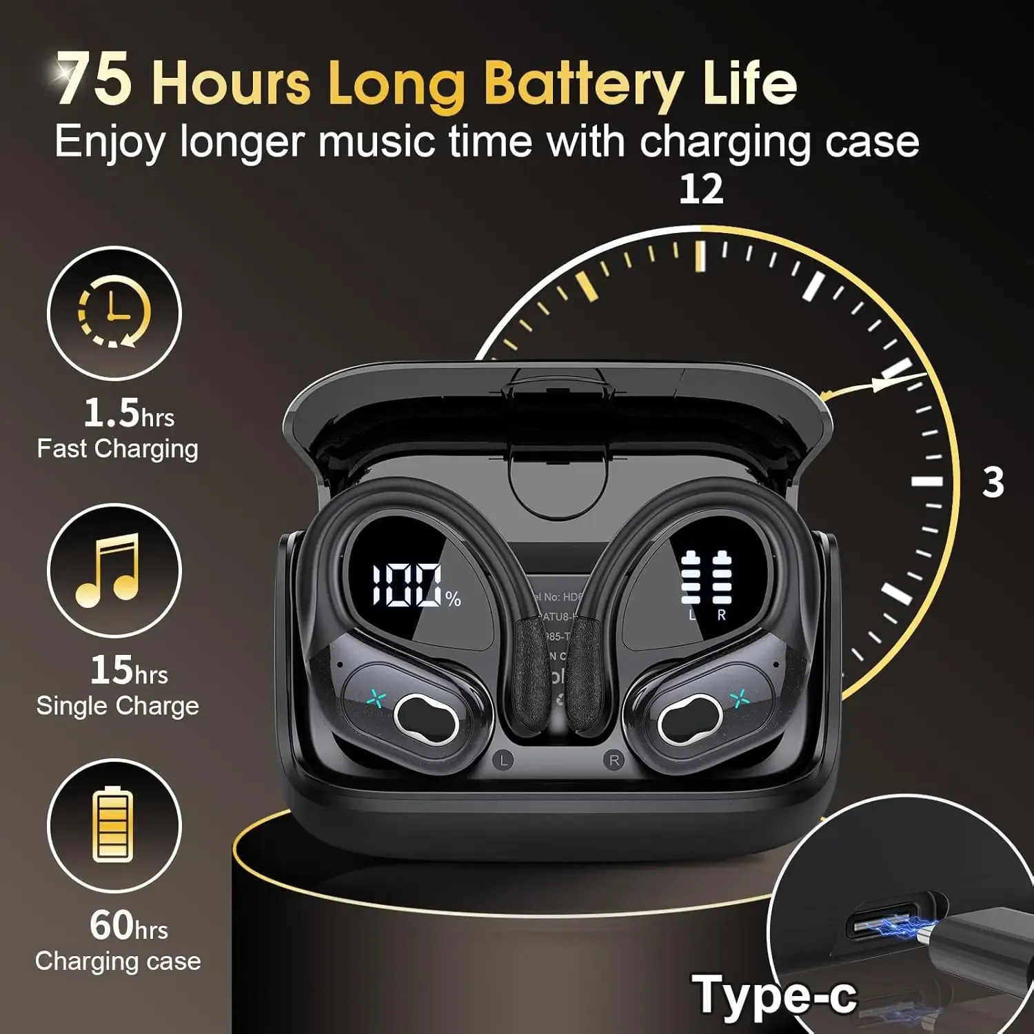 Écouteurs Bluetooth sans fil sport, autonomie 75 h, Bluetooth 5.4, son stéréo HiFi, écouteurs intra-auriculaires avec réduction de bruit ENC et micro, écran LED, certifiés IP7 étanches, pour running et musculation 3
