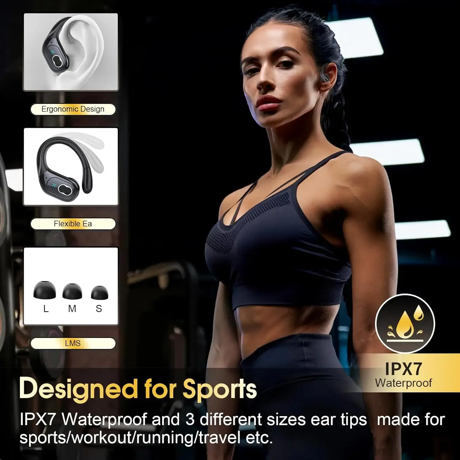 Écouteurs Bluetooth sans fil sport, autonomie 75 h, Bluetooth 5.4, son stéréo HiFi, écouteurs intra-auriculaires avec réduction de bruit ENC et micro, écran LED, certifiés IP7 étanches, pour running et musculation 5