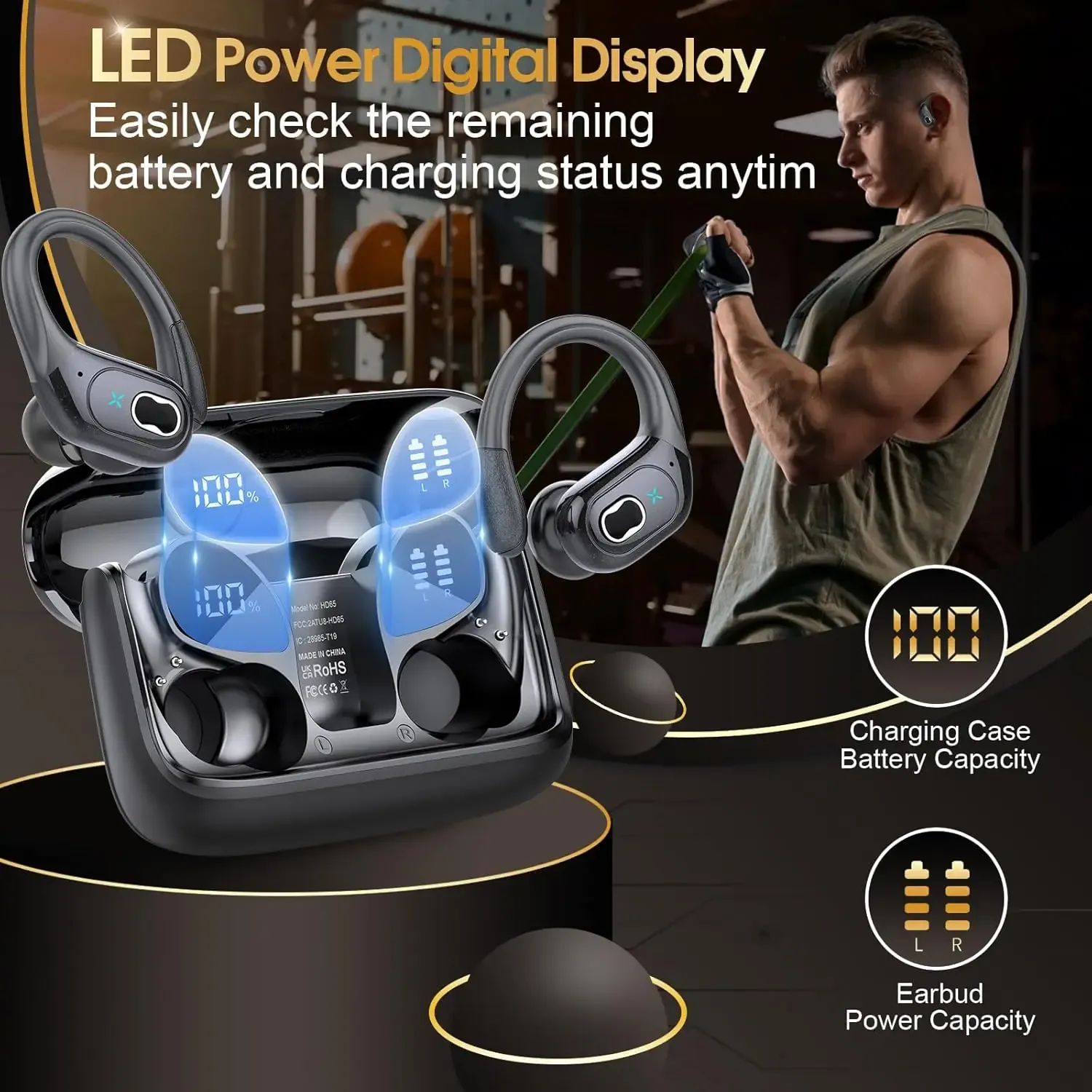 Écouteurs Bluetooth sans fil sport, autonomie 75 h, Bluetooth 5.4, son stéréo HiFi, écouteurs intra-auriculaires avec réduction de bruit ENC et micro, écran LED, certifiés IP7 étanches, pour running et musculation 6