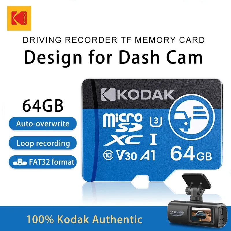 Carte microSD haute endurance Kodak pour dashcam, carte mémoire FAT32 128 Go/256 Go, 100 Mo/s, enregistrement 4K et boucle - Image 1