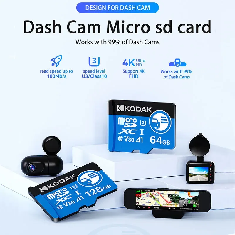 Carte microSD haute endurance Kodak pour dashcam, carte mémoire FAT32 128 Go/256 Go, 100 Mo/s, enregistrement 4K et boucle 2