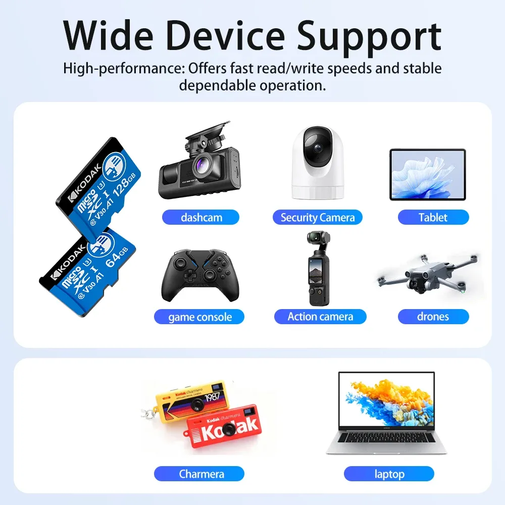 Carte microSD haute endurance Kodak pour dashcam, carte mémoire FAT32 128 Go/256 Go, 100 Mo/s, enregistrement 4K et boucle 6