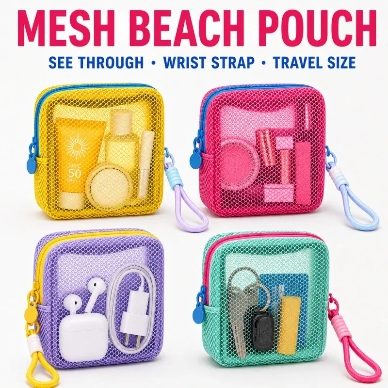 Petite pochette de plage en maille transparente avec dragonne amovible, trousse de voyage pour crème solaire, clés et câbles