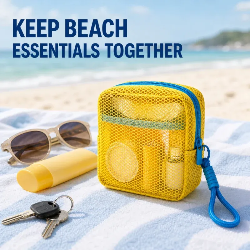 Petite pochette de plage en maille transparente avec dragonne amovible, trousse de voyage pour crème solaire, clés et câbles 2