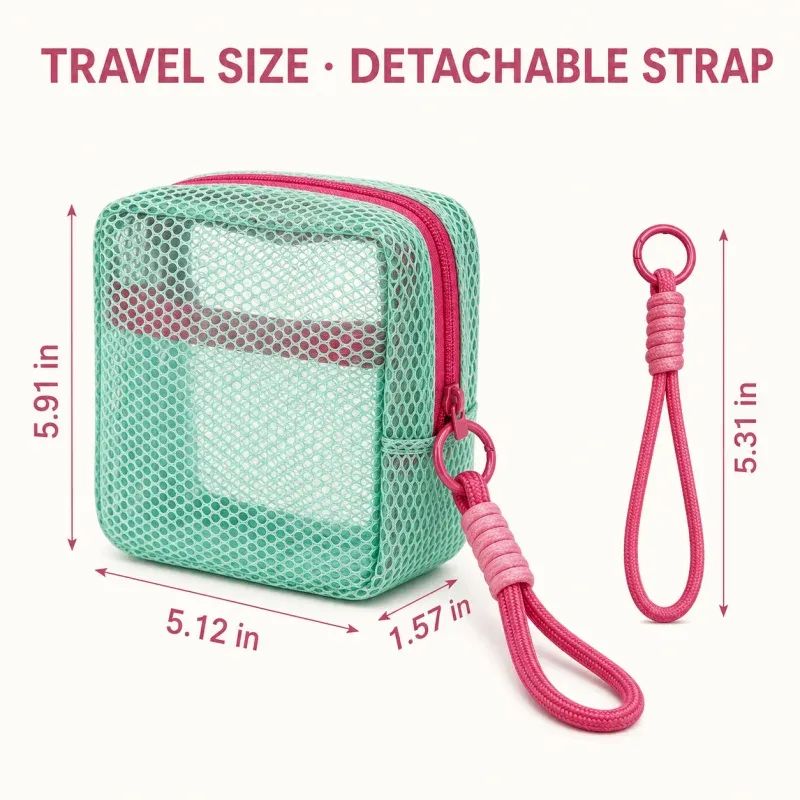 Petite pochette de plage en maille transparente avec dragonne amovible, trousse de voyage pour crème solaire, clés et câbles 5