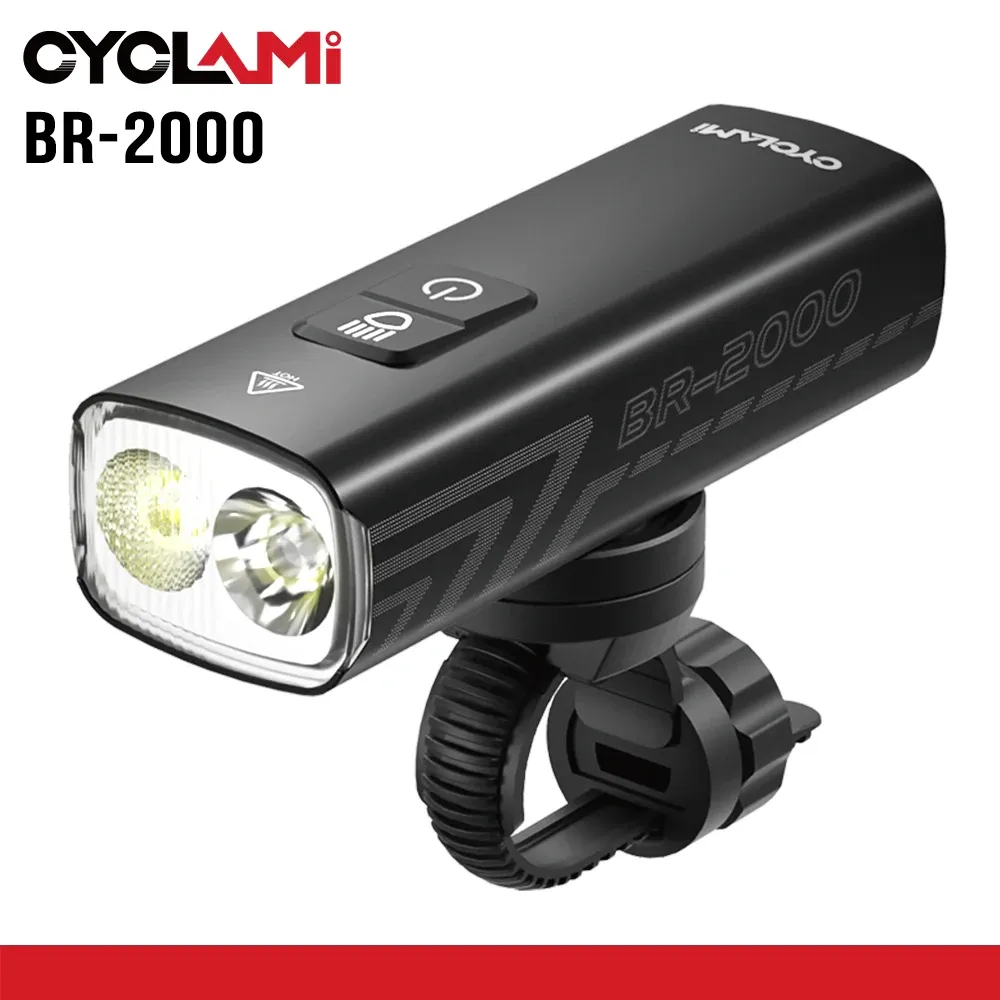 Phare avant de vélo 2000 lumens CYCLAMI en alliage d'aluminium, rechargeable via USB-C, fixation sur guidon, pour VTT et vélo de route, modèle BR2000