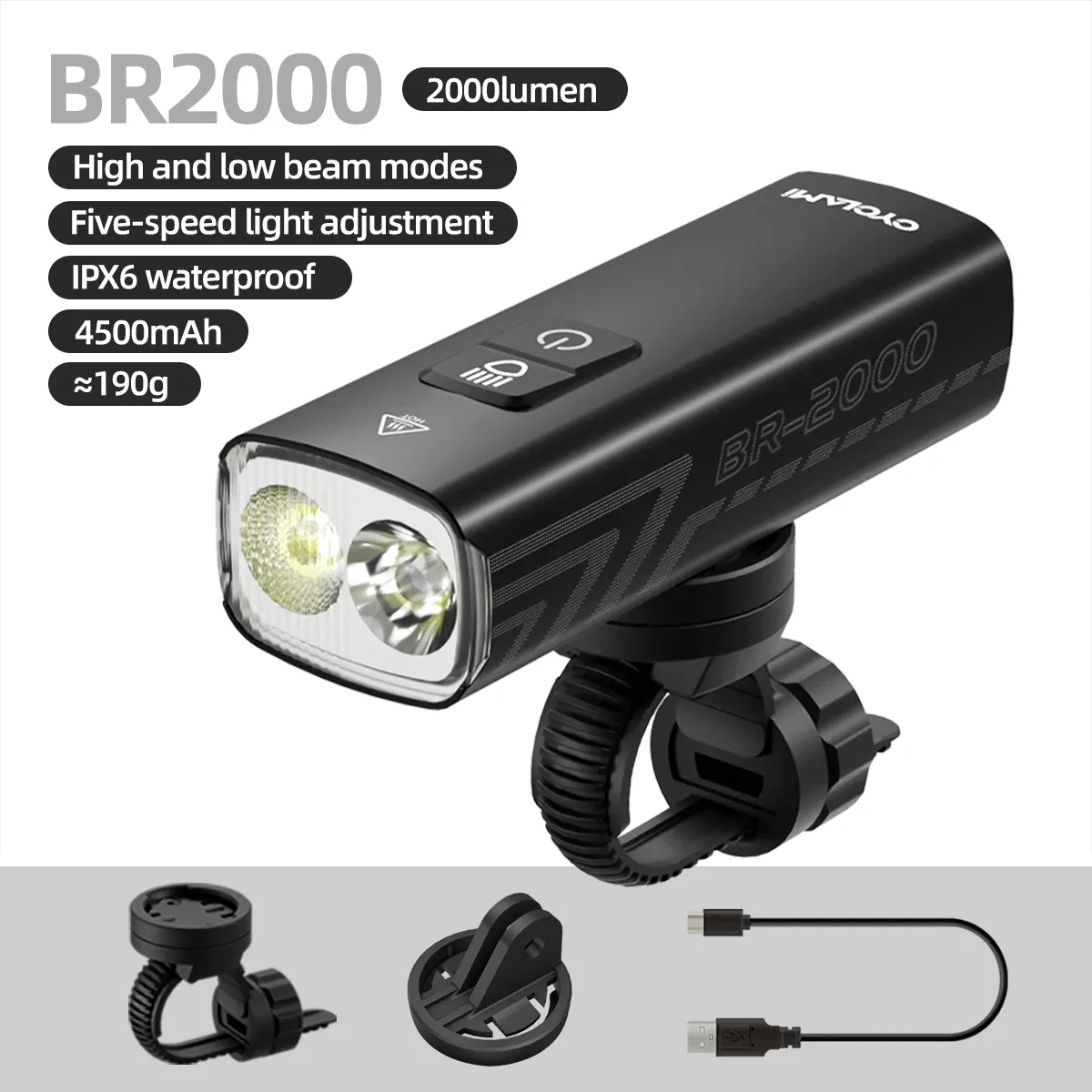 Phare avant de vélo 2000 lumens CYCLAMI en alliage d'aluminium, rechargeable via USB-C, fixation sur guidon, pour VTT et vélo de route, modèle BR2000 8