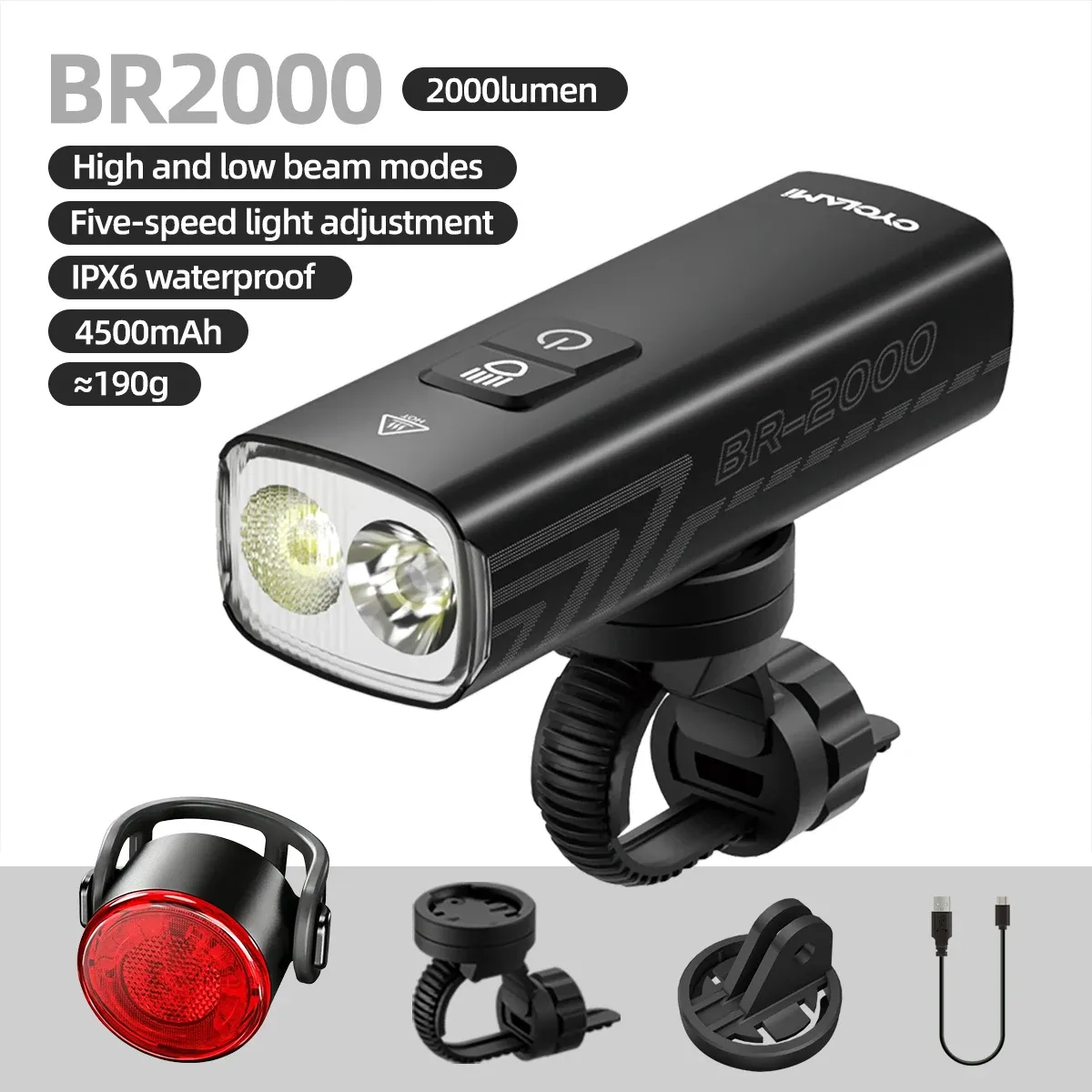 Phare avant de vélo 2000 lumens CYCLAMI en alliage d'aluminium, rechargeable via USB-C, fixation sur guidon, pour VTT et vélo de route, modèle BR2000 7