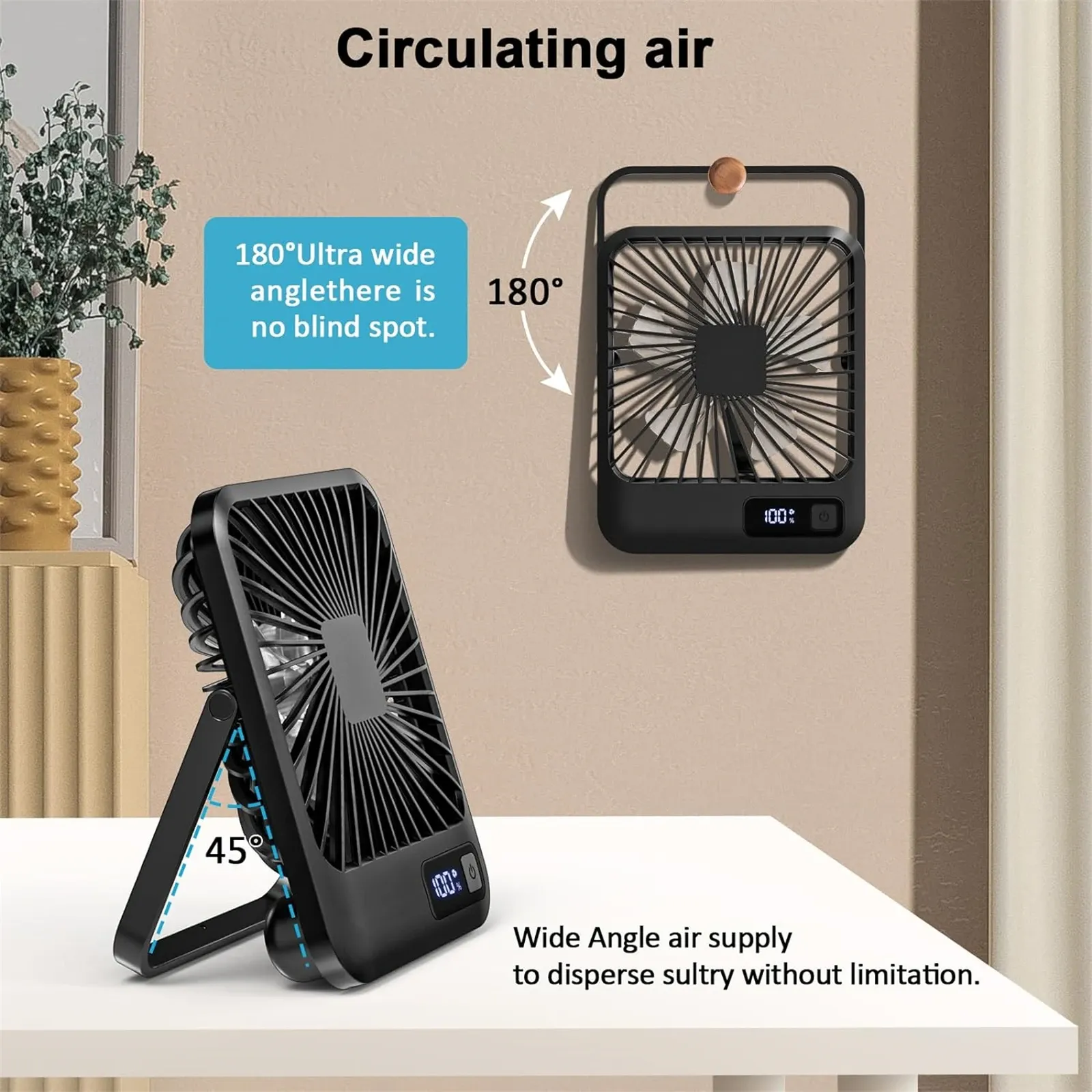 Ventilateur de bureau rechargeable USB portable à 180° avec pliage et inclinaison, affichage de puissance et 5 vitesses ultra silencieuses 3