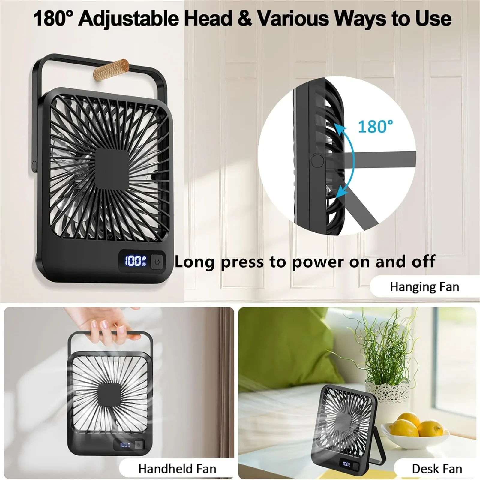 Ventilateur de bureau rechargeable USB portable à 180° avec pliage et inclinaison, affichage de puissance et 5 vitesses ultra silencieuses 2