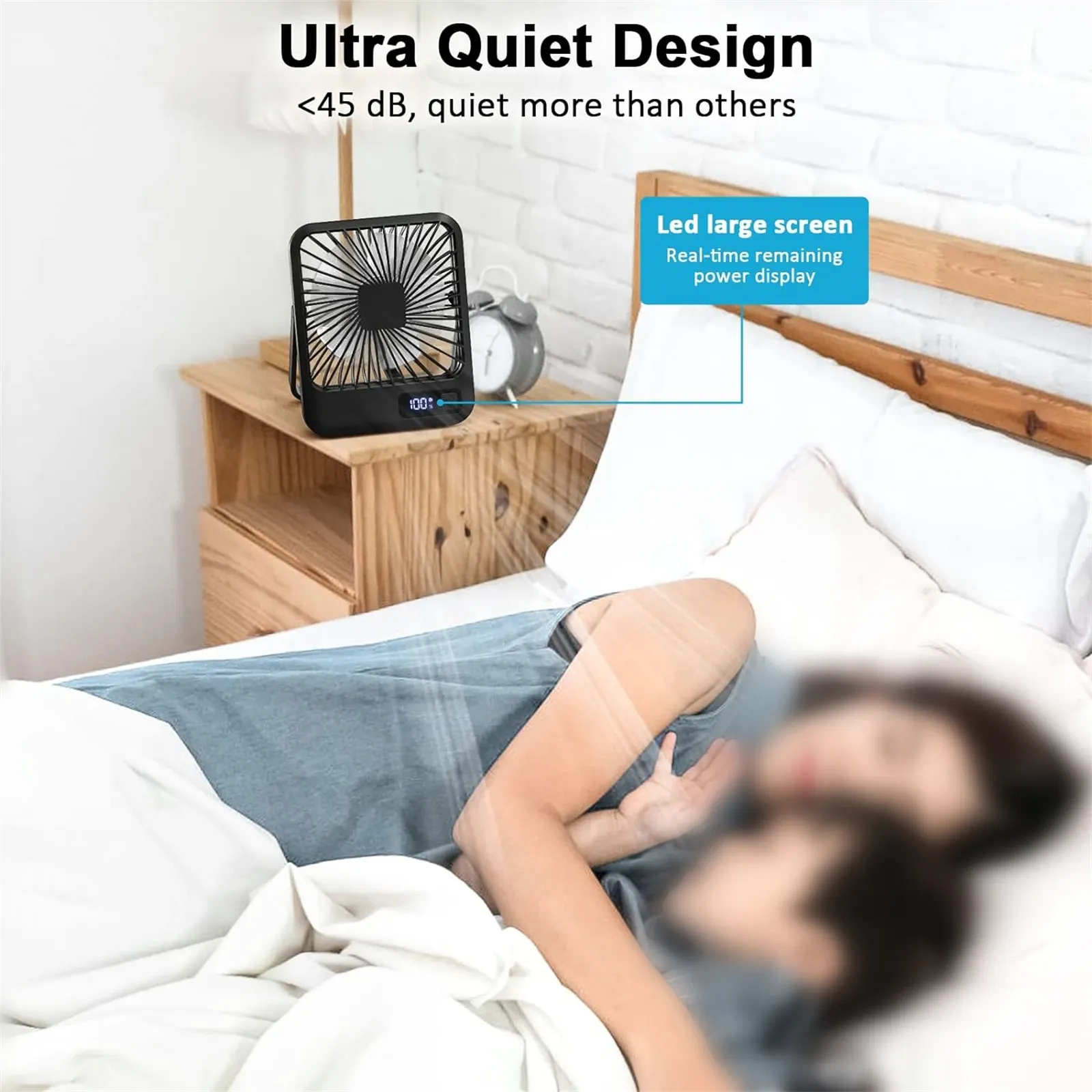 Ventilateur de bureau rechargeable USB portable à 180° avec pliage et inclinaison, affichage de puissance et 5 vitesses ultra silencieuses 4