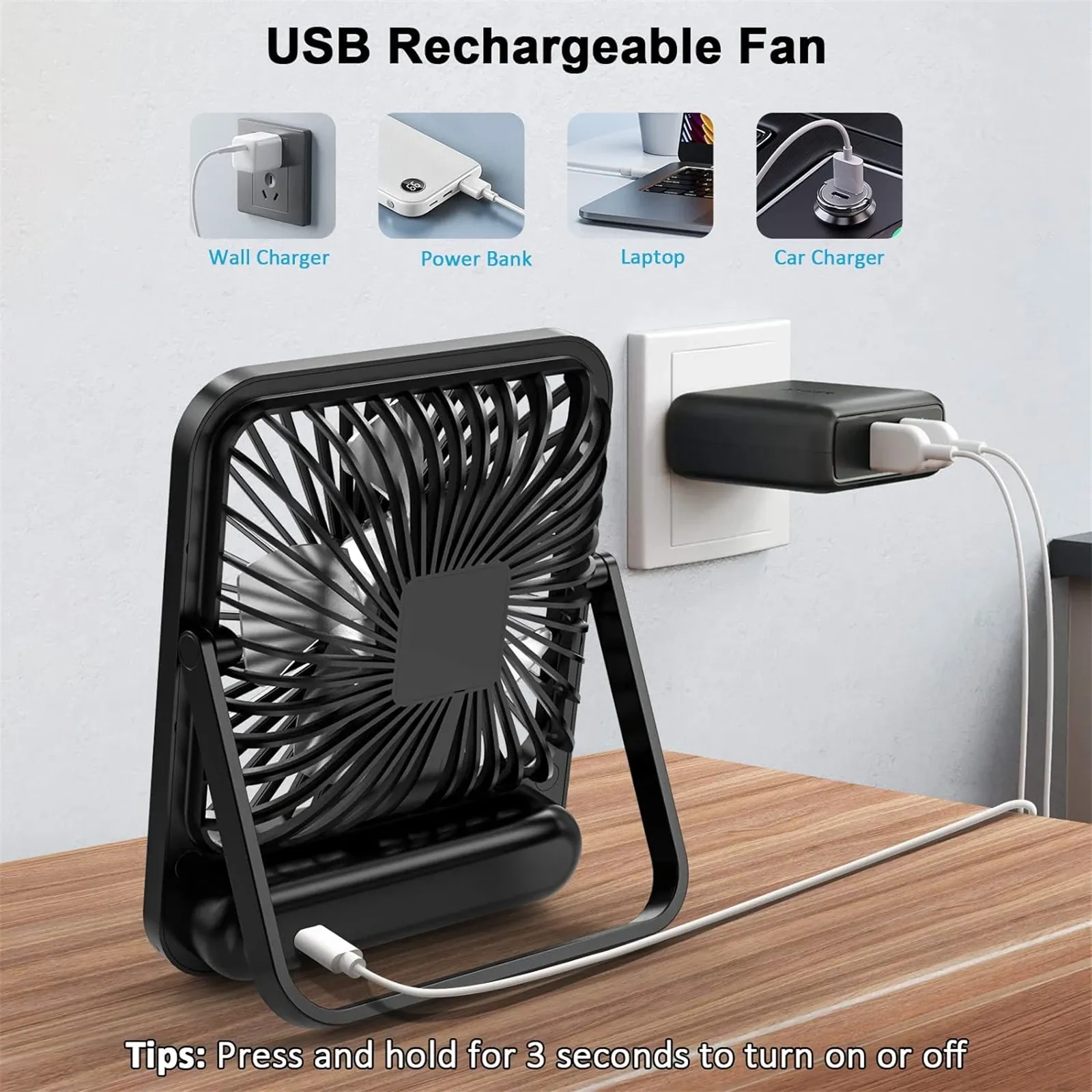 Ventilateur de bureau rechargeable USB portable à 180° avec pliage et inclinaison, affichage de puissance et 5 vitesses ultra silencieuses 6