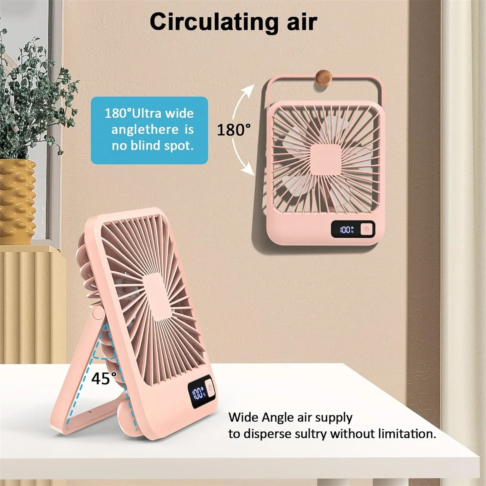 Ventilateur de bureau rechargeable, support pivotant