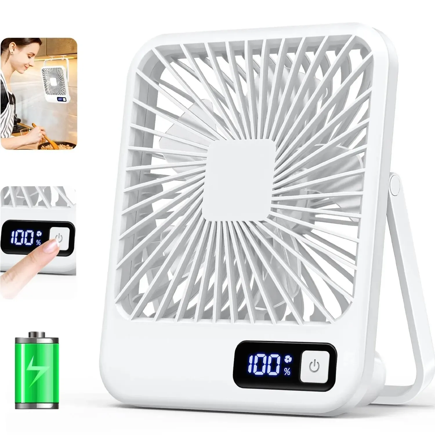 Ventilateur de bureau rechargeable USB portable à 180° avec pliage et inclinaison, affichage de puissance et 5 vitesses ultra silencieuses 10