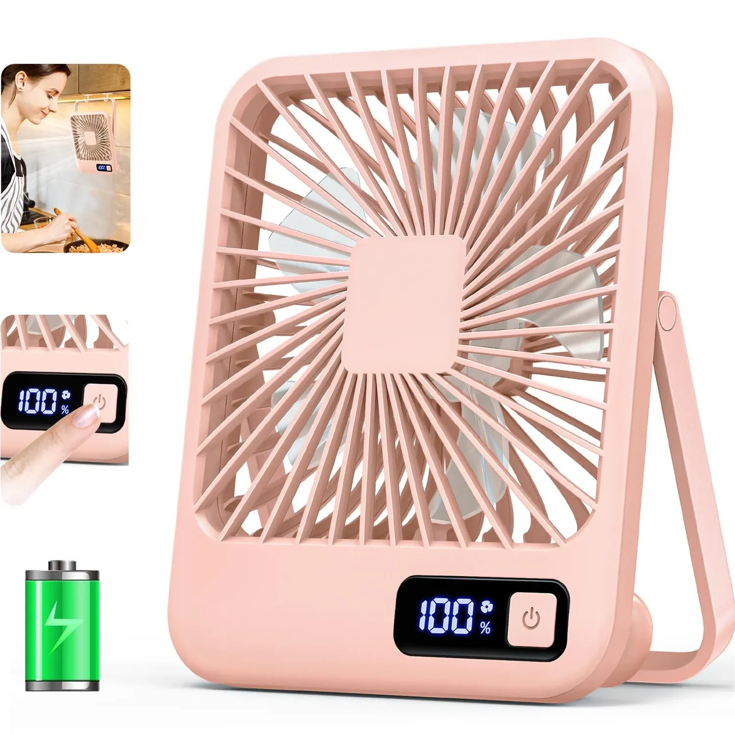 Ventilateur de bureau rechargeable USB portable à 180° avec pliage et inclinaison, affichage de puissance et 5 vitesses ultra silencieuses 11