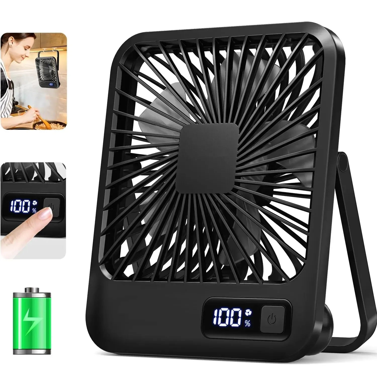 Ventilateur de bureau rechargeable USB portable à 180° avec pliage et inclinaison, affichage de puissance et 5 vitesses ultra silencieuses 9