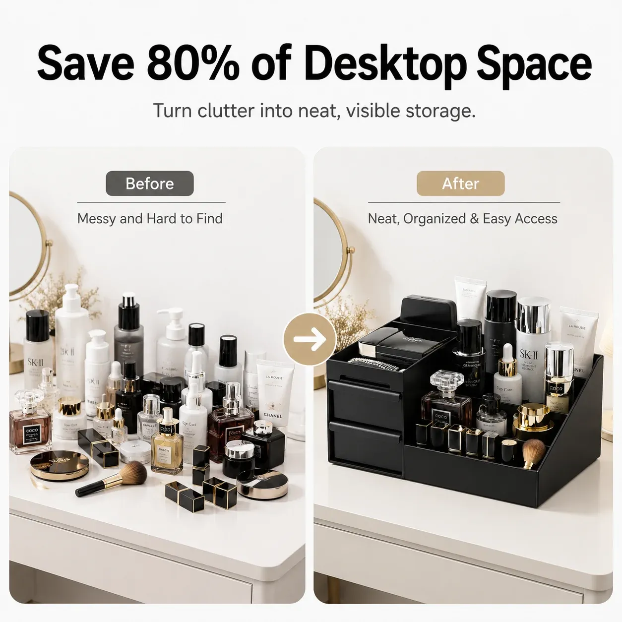 Organisateur de maquillage de bureau à tiroirs, boîte de rangement cosmétique noire en PP avec porte-rouge à lèvres 4
