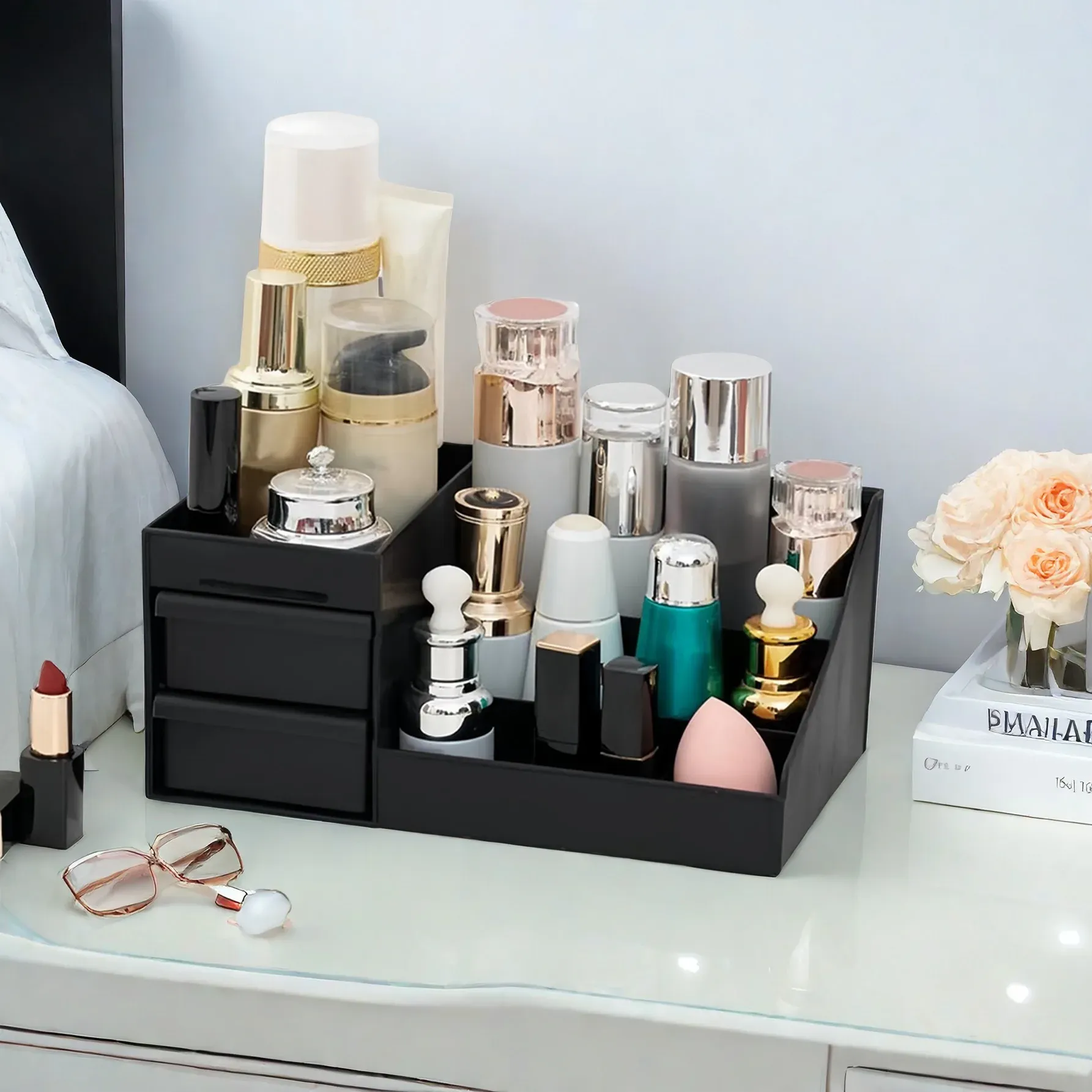 Organisateur de maquillage de bureau à tiroirs, boîte de rangement cosmétique noire en PP avec porte-rouge à lèvres 8