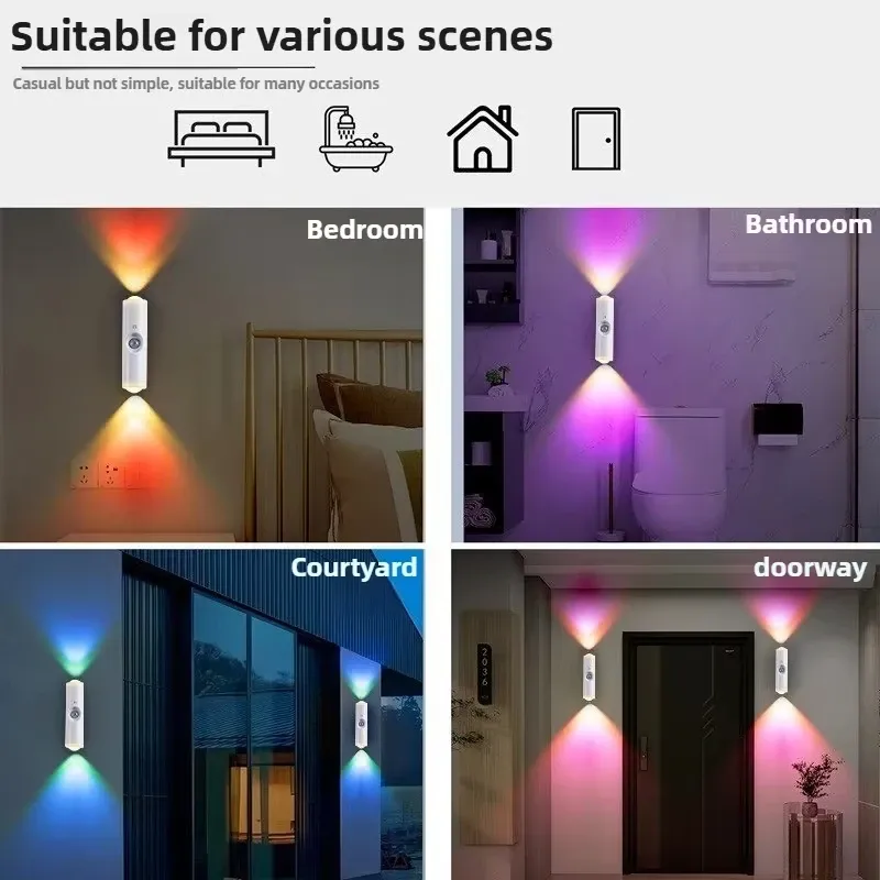 Veilleuse LED à double tête avec capteur de mouvement, applique murale magnétique rechargeable RGB, éclairage d'ambiance pour armoire, couloir et escalier 5