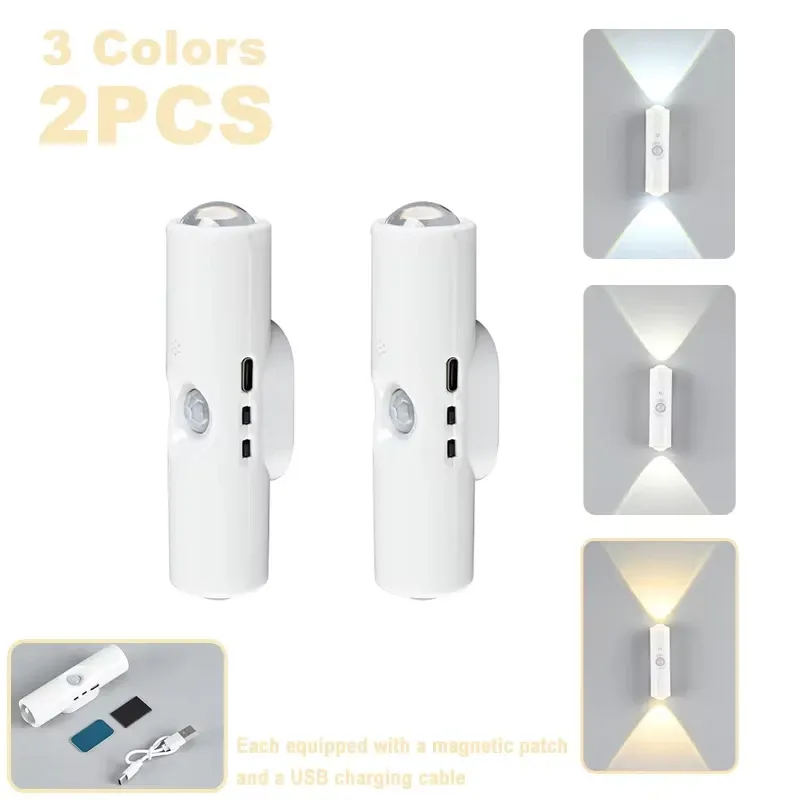 Veilleuse LED à double tête avec capteur de mouvement, applique murale magnétique rechargeable RGB, éclairage d'ambiance pour armoire, couloir et escalier 9