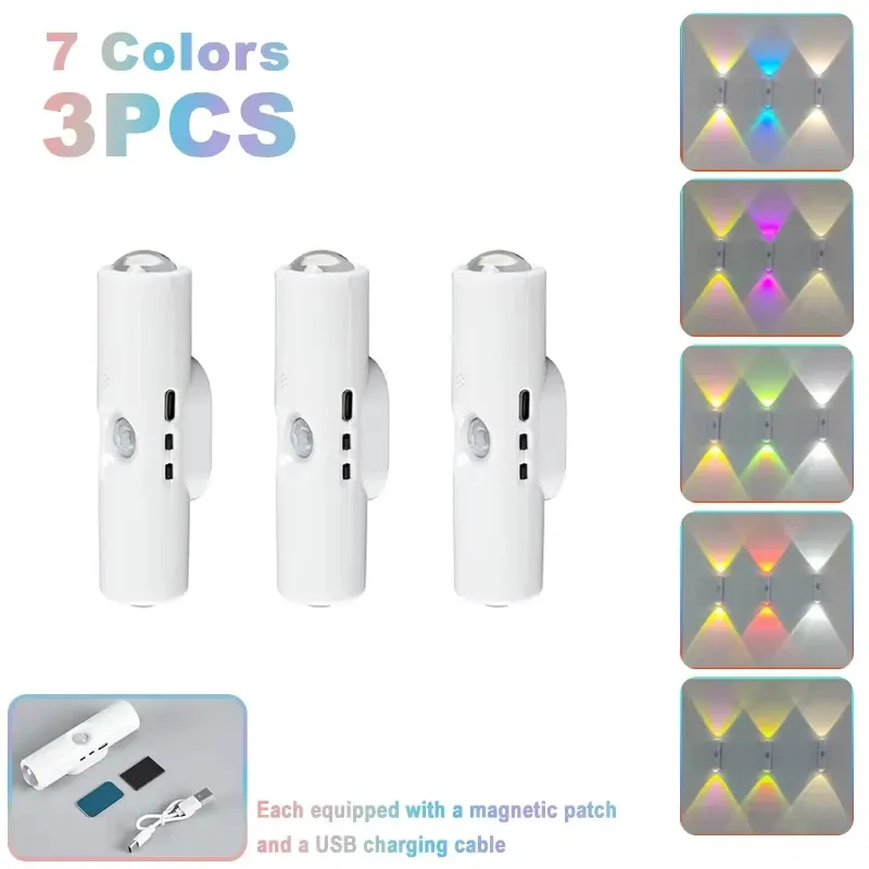 Veilleuse LED à double tête avec capteur de mouvement, applique murale magnétique rechargeable RGB, éclairage d'ambiance pour armoire, couloir et escalier 12