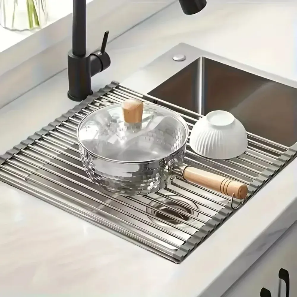 Égouttoir à vaisselle pliable et enroulable en acier inoxydable, multifonctionnel pour la cuisine 3