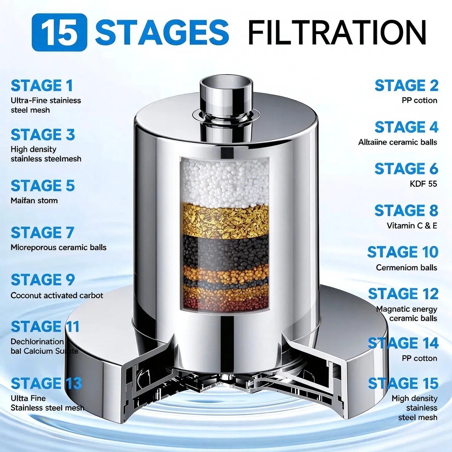 Pommeau de Douche Filtrant Haute Pression pour Eau Dure, 15 cm, Filtre à Charbon Actif 15 Étapes, Élimine le Chlore et les Métaux Lourds 3
