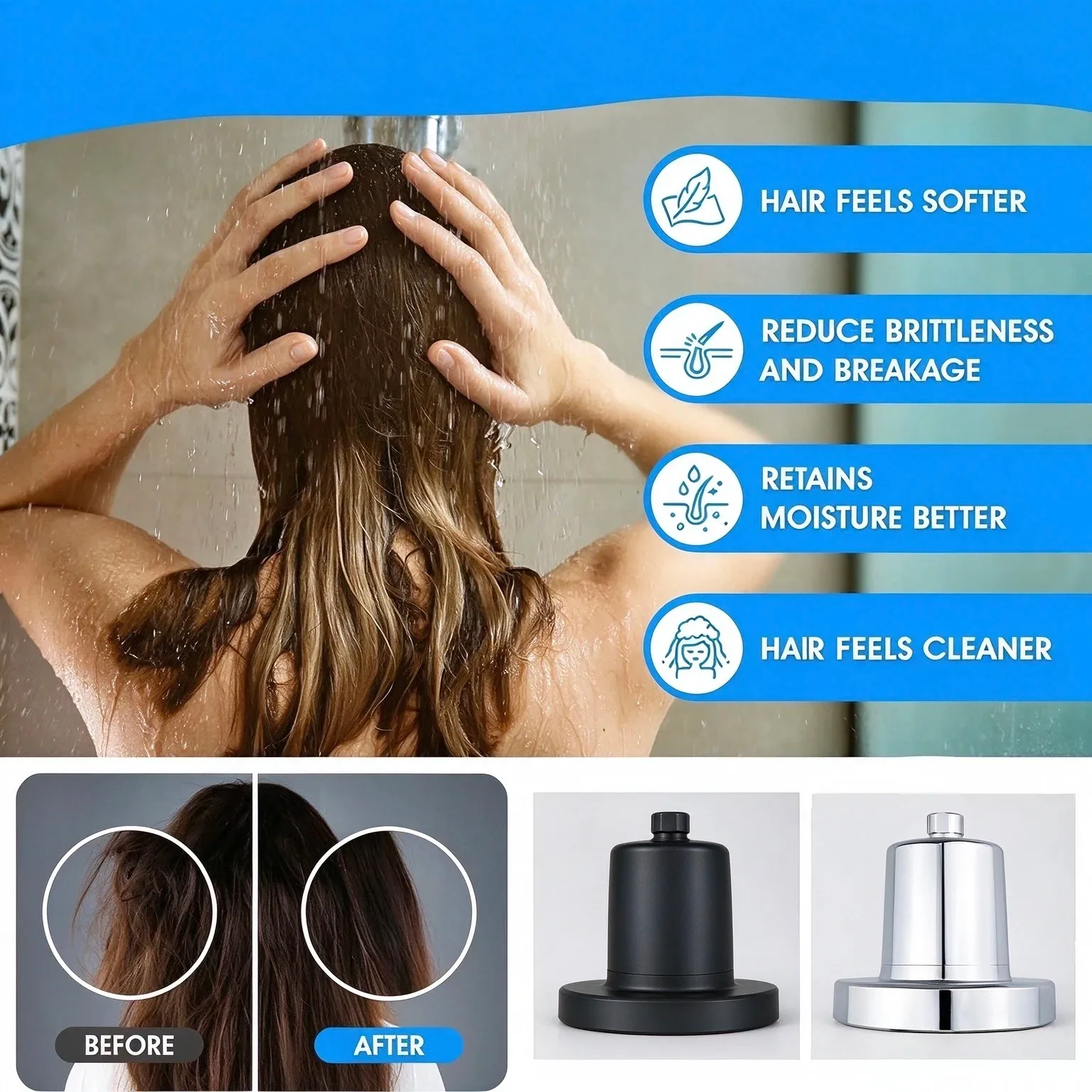 Pommeau de douche filtrant en situation dans la salle de bain